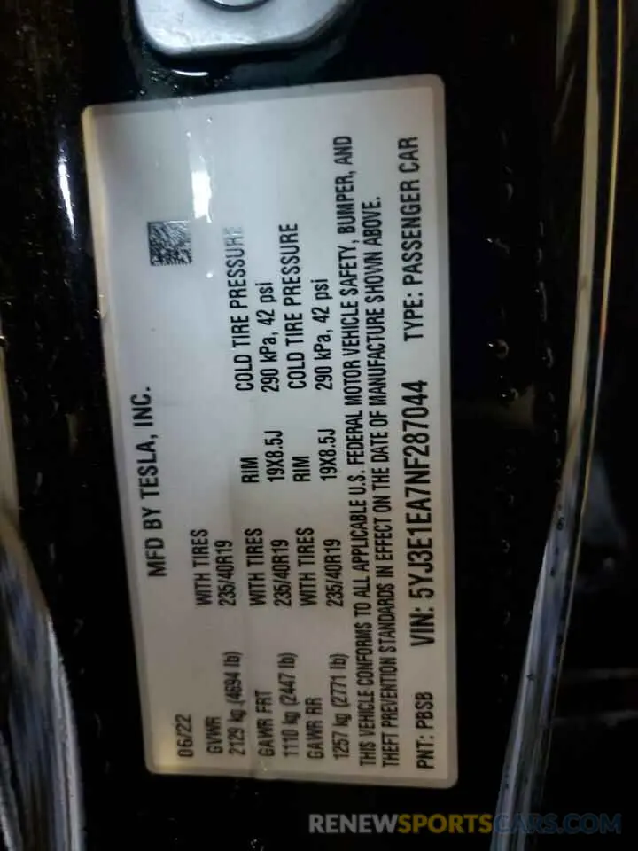 13 fotografías del automóvil dañado 5YJ3E1EA7NF287044 TESLA MODEL 3 2022