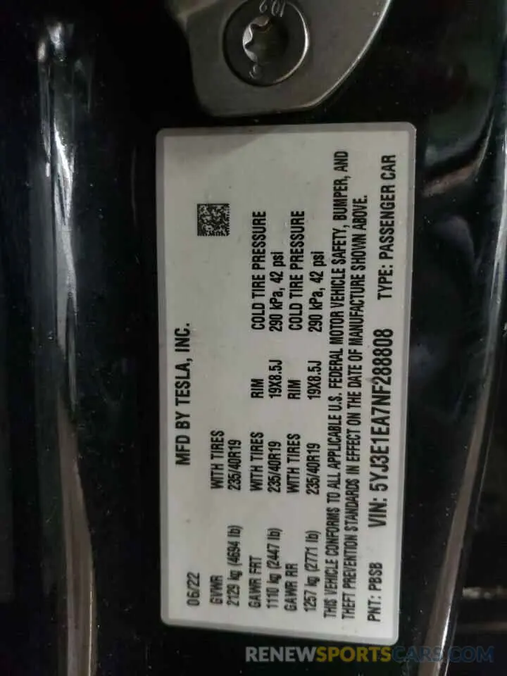 12 fotografías del automóvil dañado 5YJ3E1EA7NF288808 TESLA MODEL 3 2022