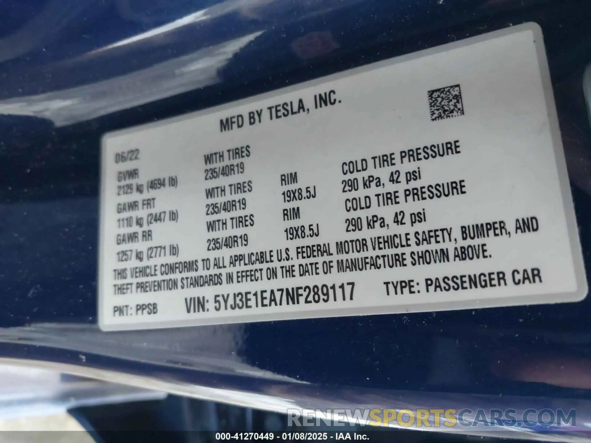 8 fotografías del automóvil dañado 5YJ3E1EA7NF289117 TESLA MODEL 3 2022
