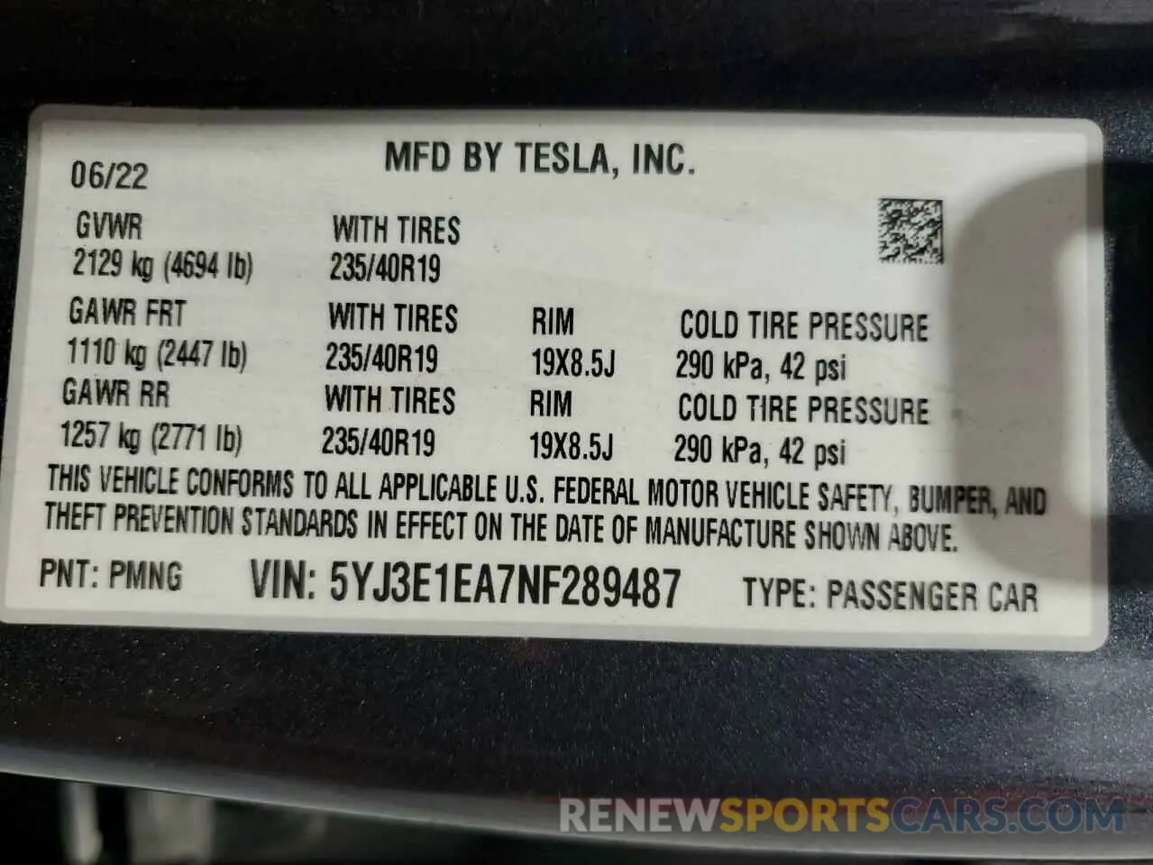 12 fotografías del automóvil dañado 5YJ3E1EA7NF289487 TESLA MODEL 3 2022