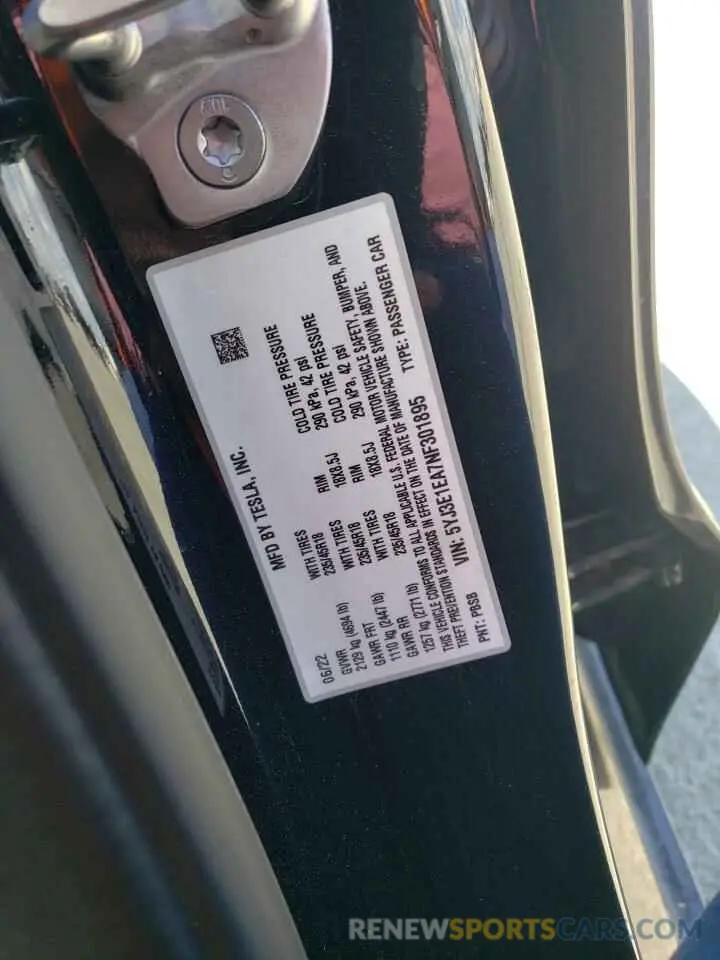 12 fotografías del automóvil dañado 5YJ3E1EA7NF301895 TESLA MODEL 3 2022