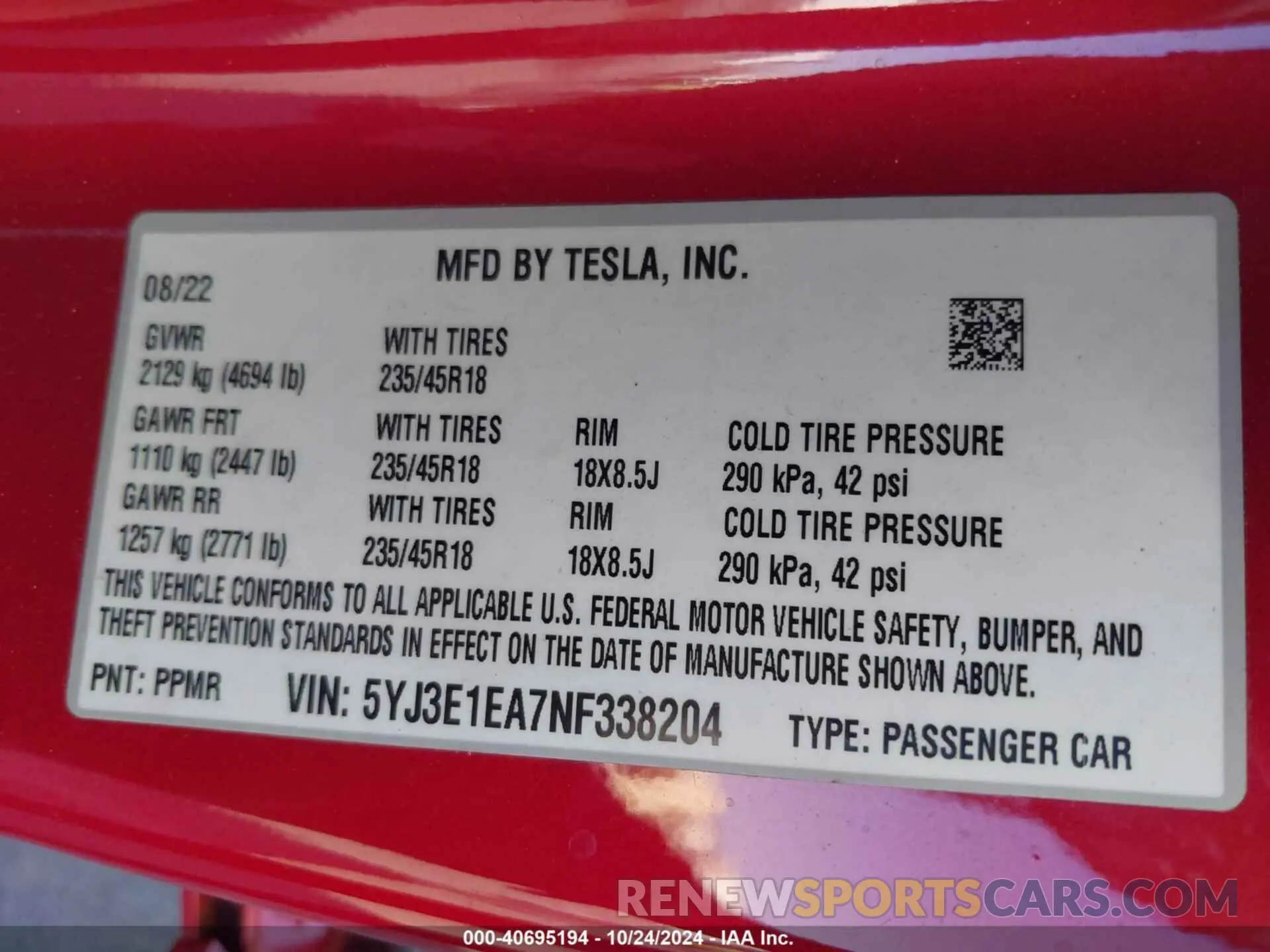 9 fotografías del automóvil dañado 5YJ3E1EA7NF338204 TESLA MODEL 3 2022
