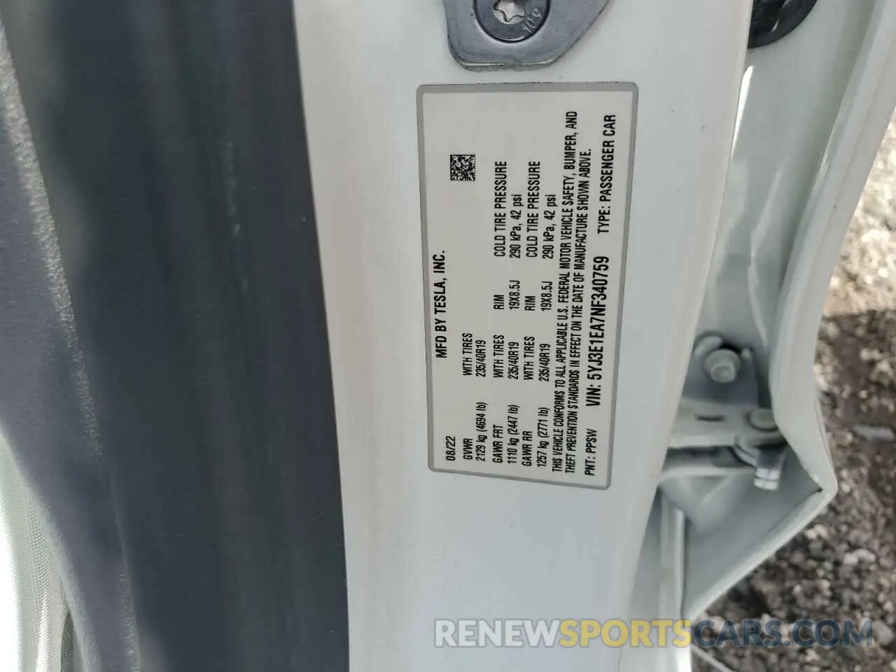 12 fotografías del automóvil dañado 5YJ3E1EA7NF340759 TESLA MODEL 3 2022