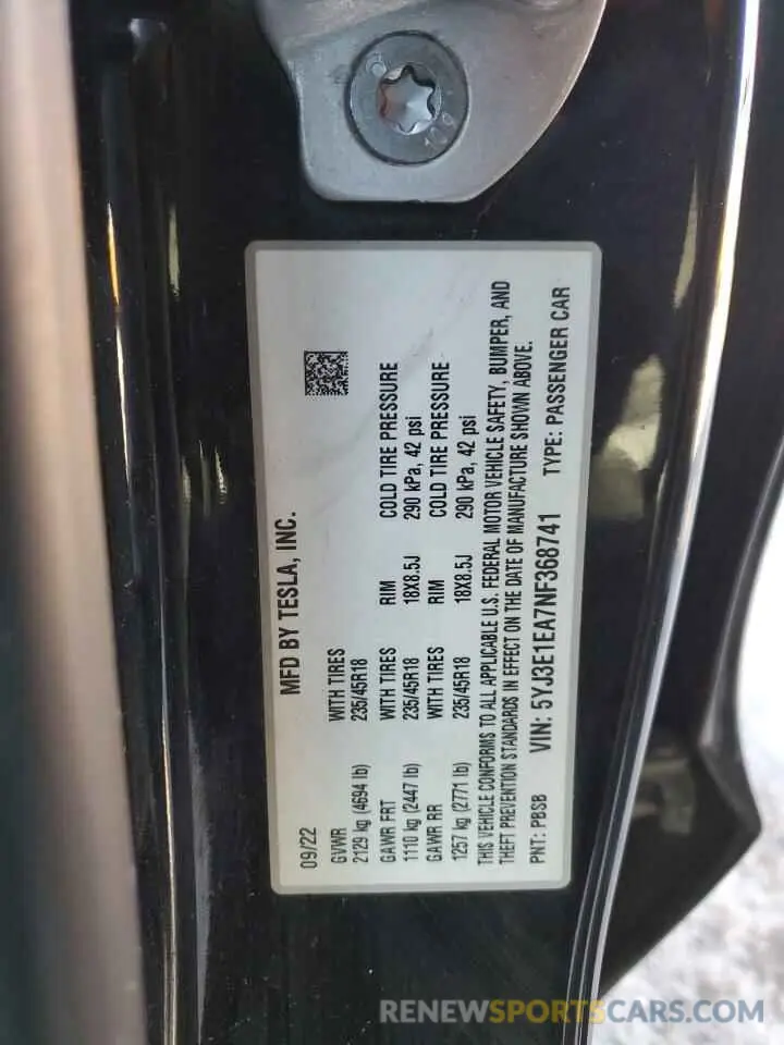 12 fotografías del automóvil dañado 5YJ3E1EA7NF368741 TESLA MODEL 3 2022