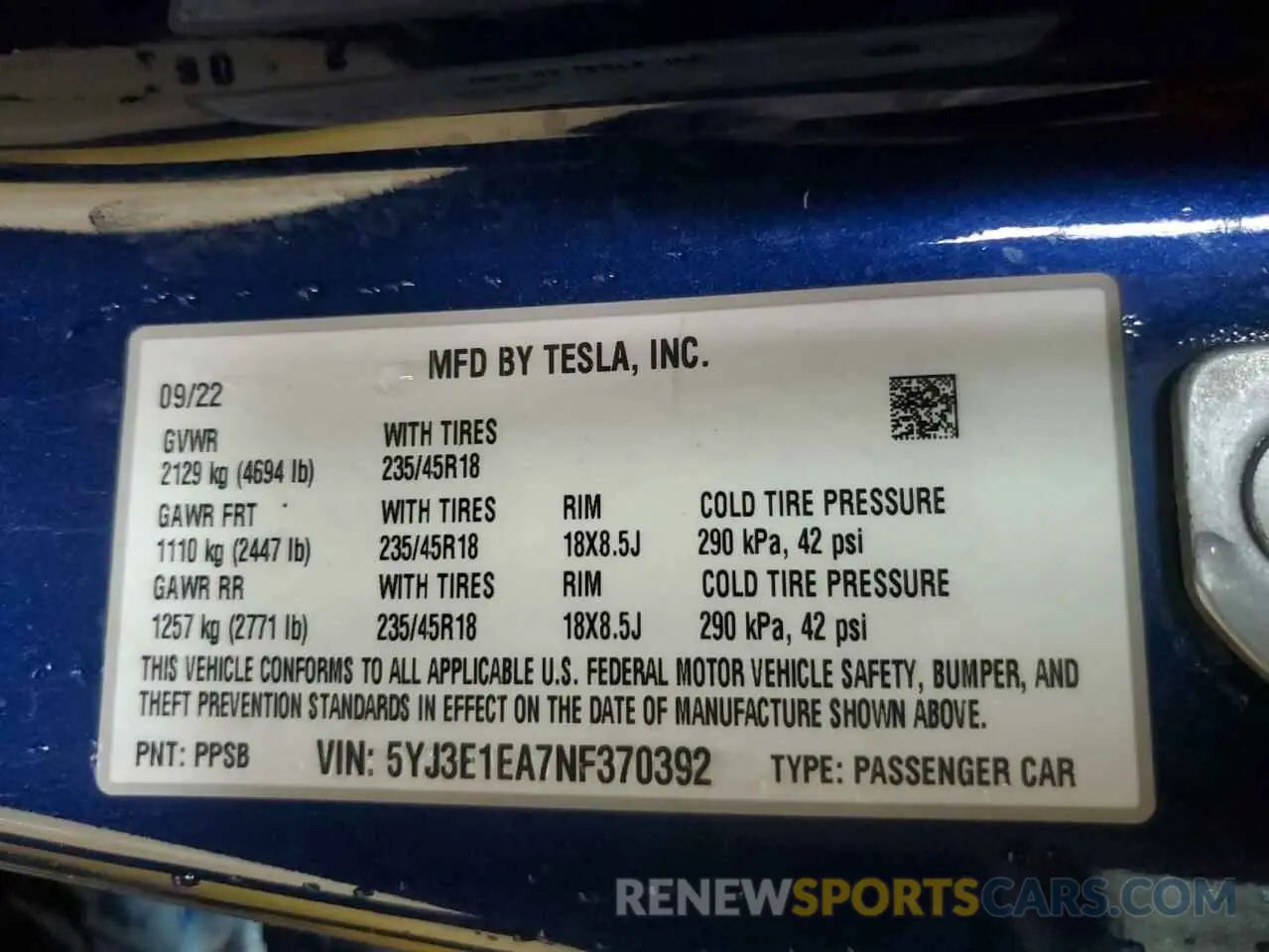 13 fotografías del automóvil dañado 5YJ3E1EA7NF370392 TESLA MODEL 3 2022