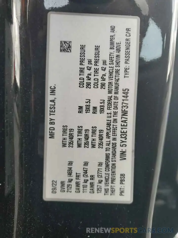 12 fotografías del automóvil dañado 5YJ3E1EA7NF371445 TESLA MODEL 3 2022