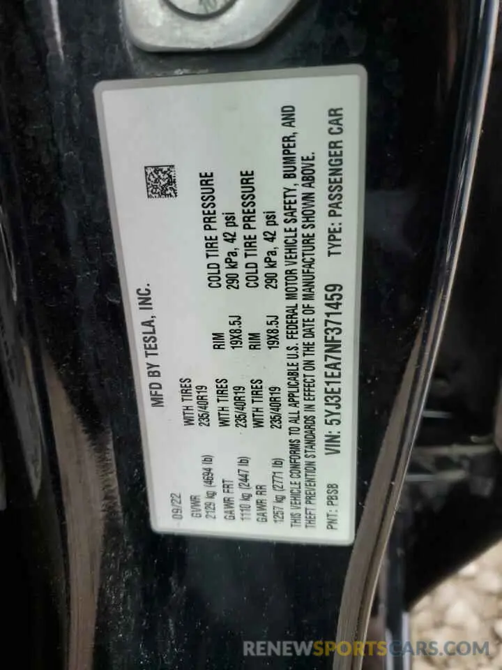 12 fotografías del automóvil dañado 5YJ3E1EA7NF371459 TESLA MODEL 3 2022