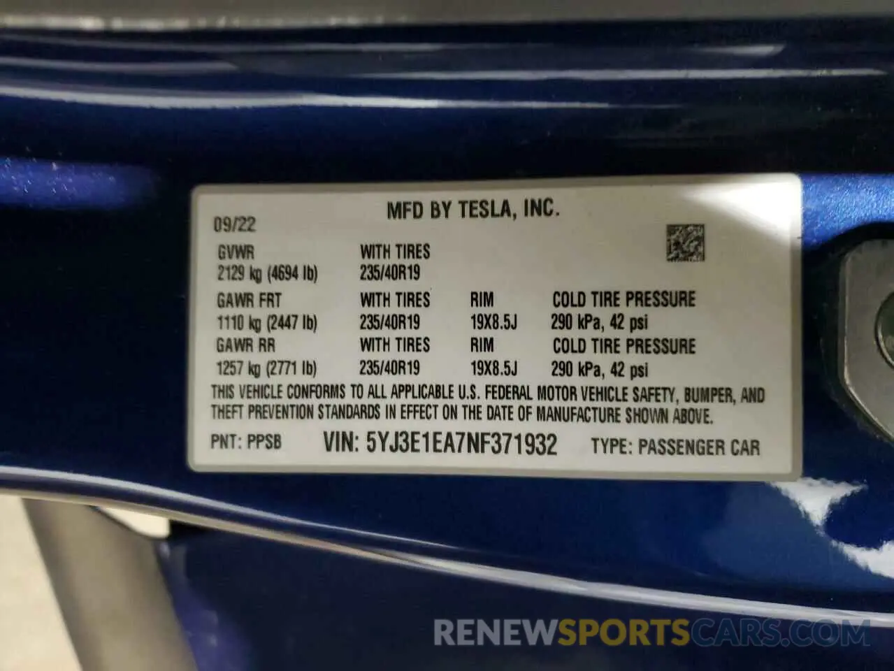 12 fotografías del automóvil dañado 5YJ3E1EA7NF371932 TESLA MODEL 3 2022
