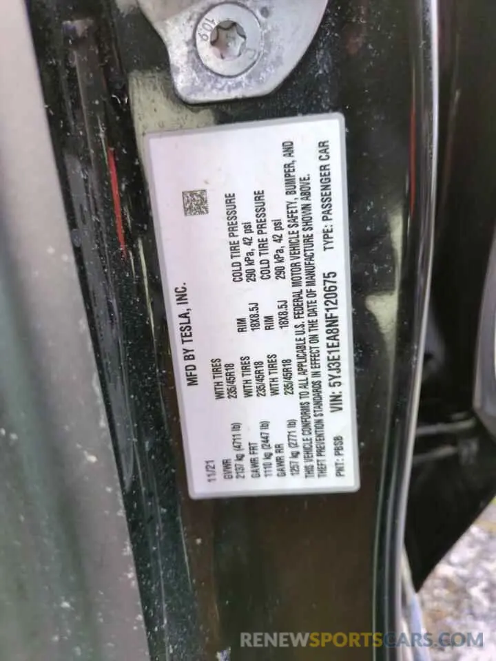 13 fotografías del automóvil dañado 5YJ3E1EA8NF120675 TESLA MODEL 3 2022