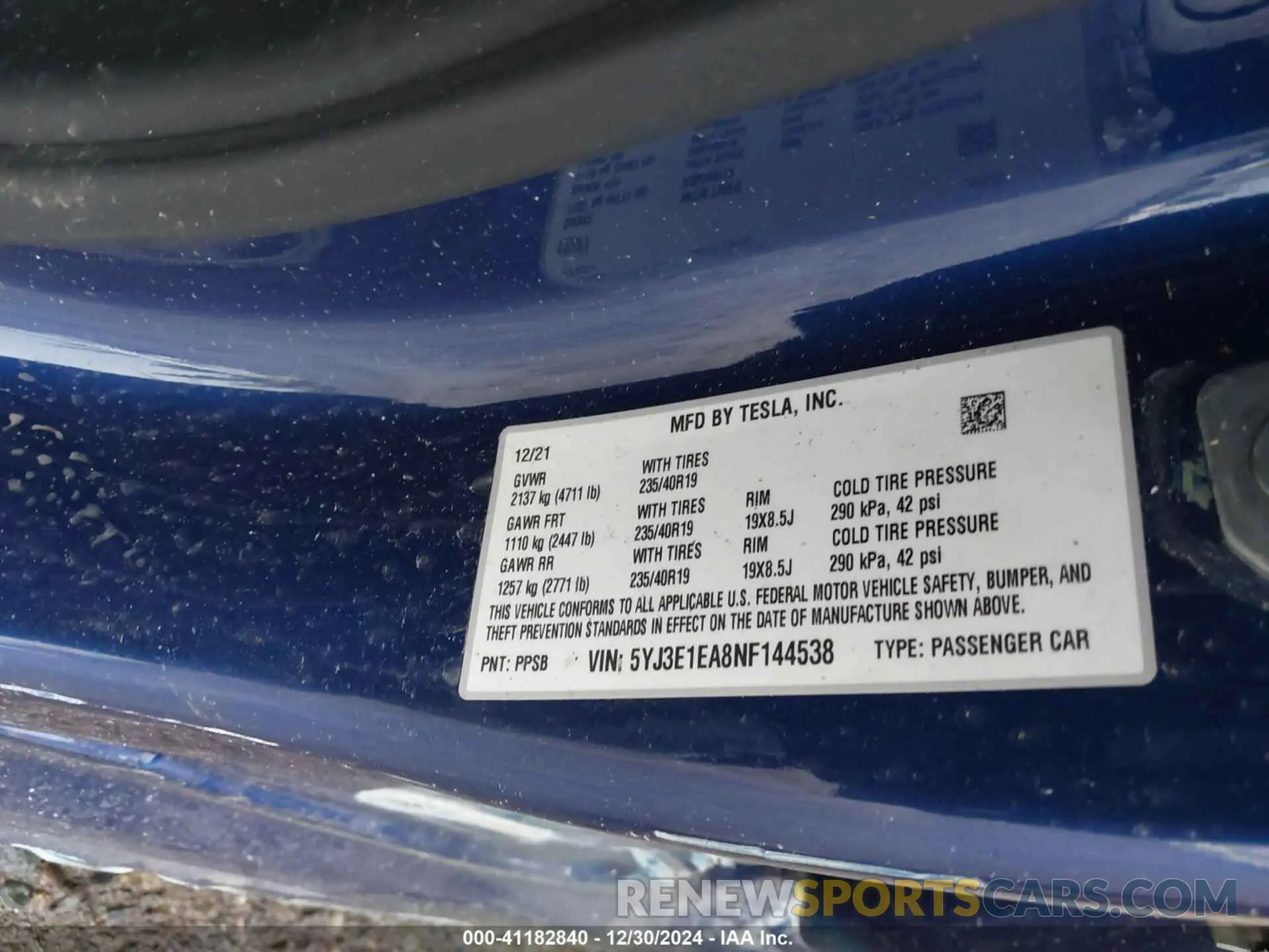 9 fotografías del automóvil dañado 5YJ3E1EA8NF144538 TESLA MODEL 3 2022
