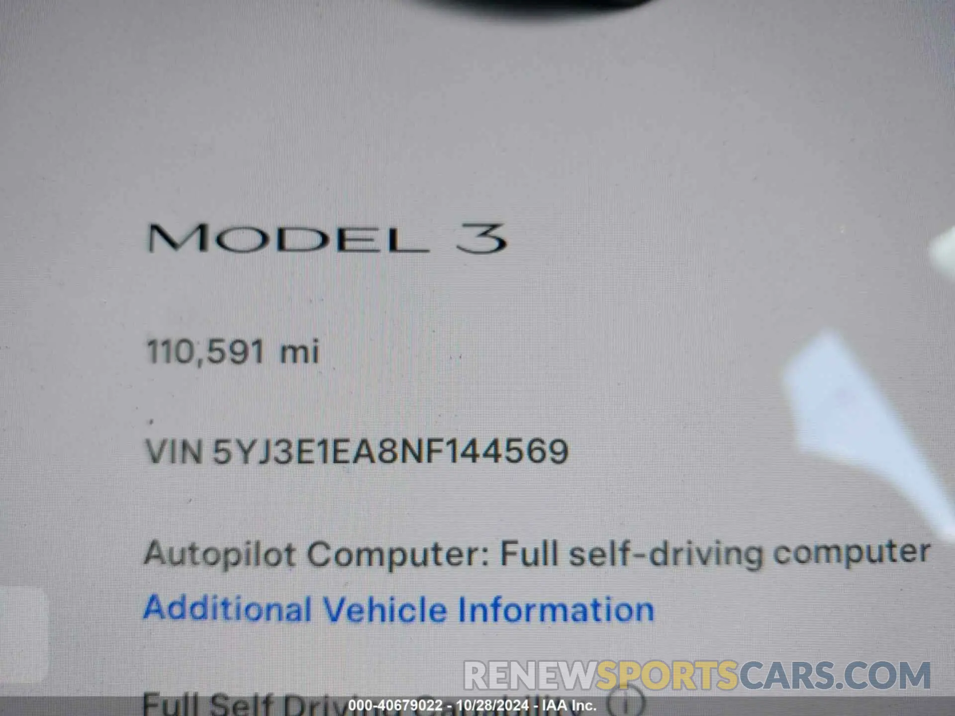15 fotografías del automóvil dañado 5YJ3E1EA8NF144569 TESLA MODEL 3 2022