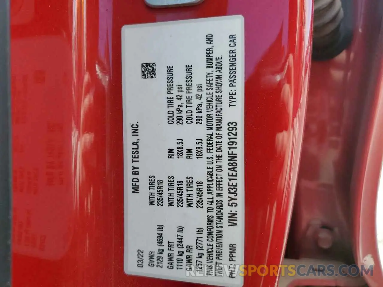 12 fotografías del automóvil dañado 5YJ3E1EA8NF191293 TESLA MODEL 3 2022