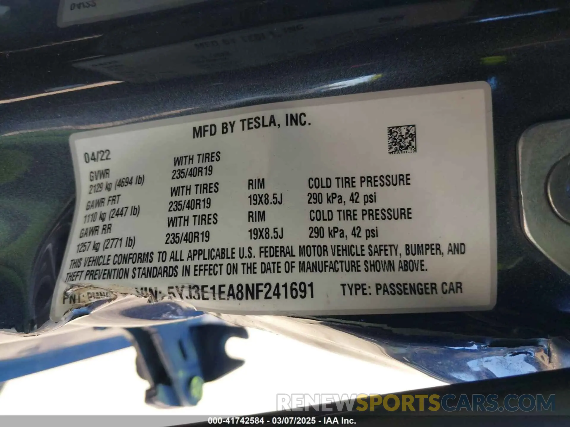 9 fotografías del automóvil dañado 5YJ3E1EA8NF241691 TESLA MODEL 3 2022