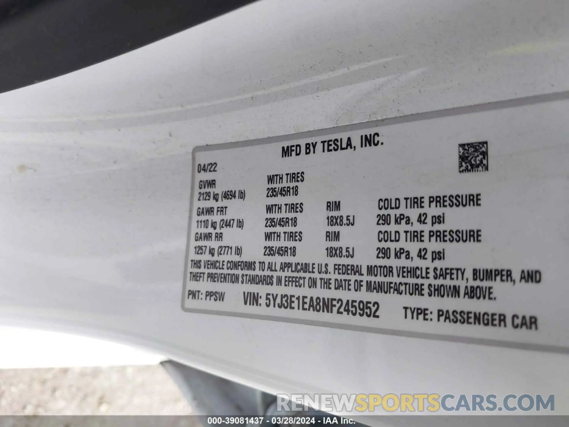 9 fotografías del automóvil dañado 5YJ3E1EA8NF245952 TESLA MODEL 3 2022