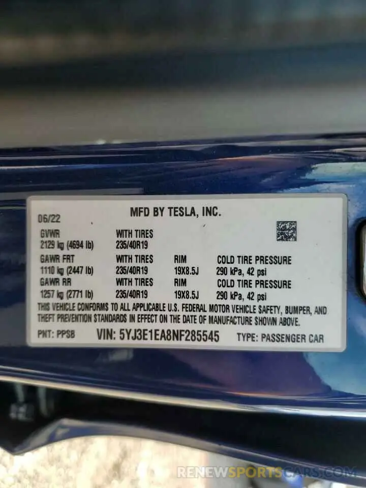 13 fotografías del automóvil dañado 5YJ3E1EA8NF285545 TESLA MODEL 3 2022