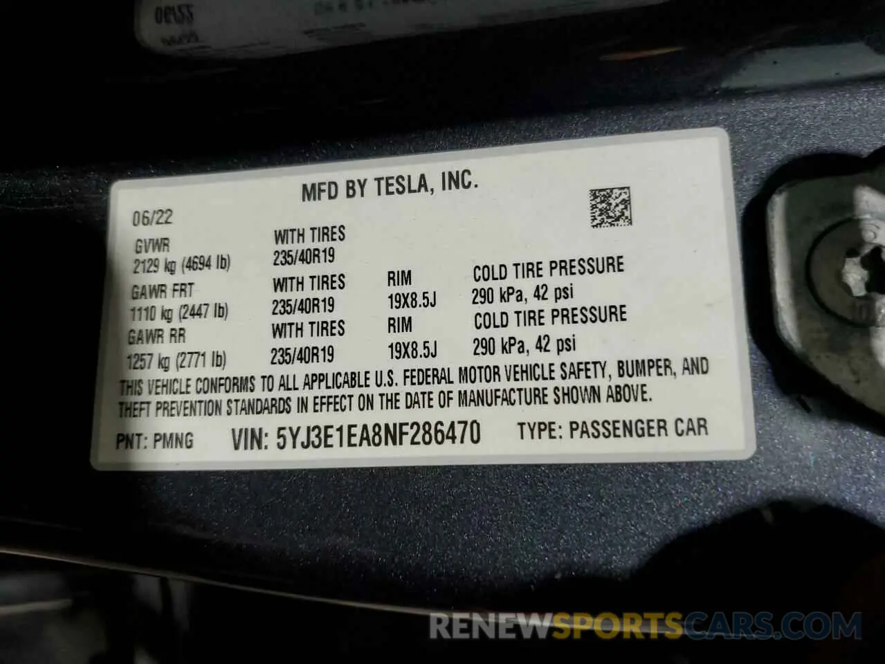 12 fotografías del automóvil dañado 5YJ3E1EA8NF286470 TESLA MODEL 3 2022