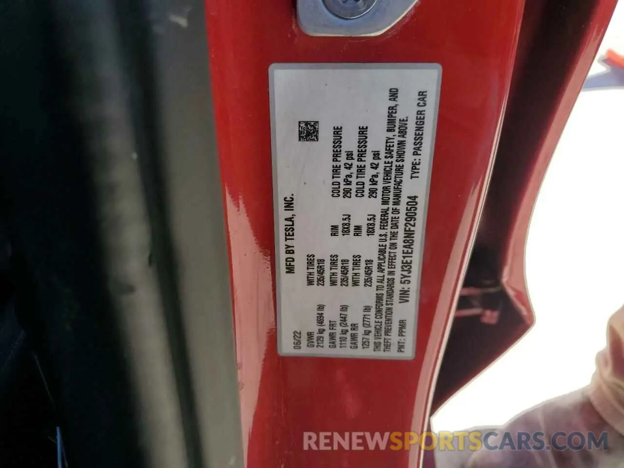 12 fotografías del automóvil dañado 5YJ3E1EA8NF290504 TESLA MODEL 3 2022