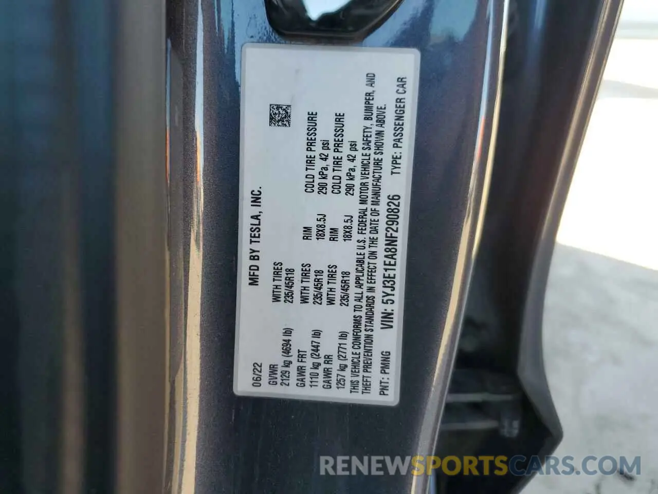 12 fotografías del automóvil dañado 5YJ3E1EA8NF290826 TESLA MODEL 3 2022