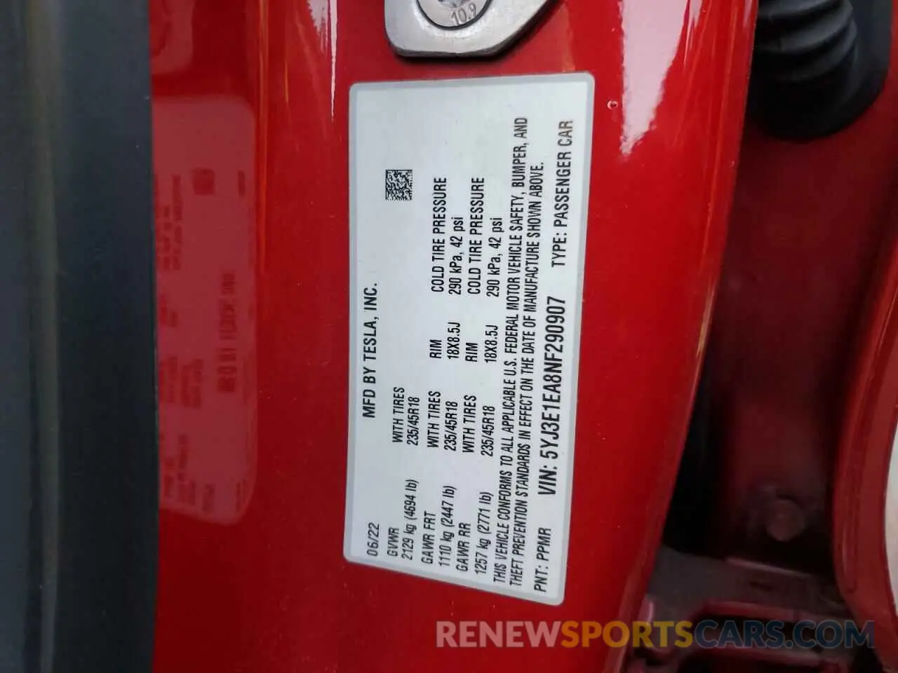 12 fotografías del automóvil dañado 5YJ3E1EA8NF290907 TESLA MODEL 3 2022