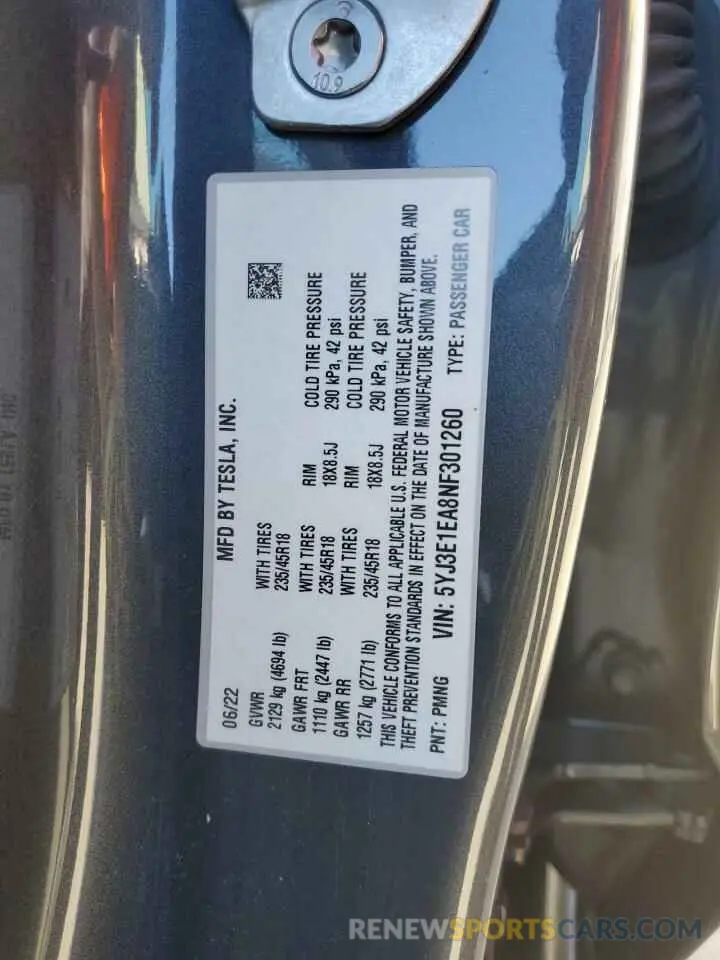 16 fotografías del automóvil dañado 5YJ3E1EA8NF301260 TESLA MODEL 3 2022