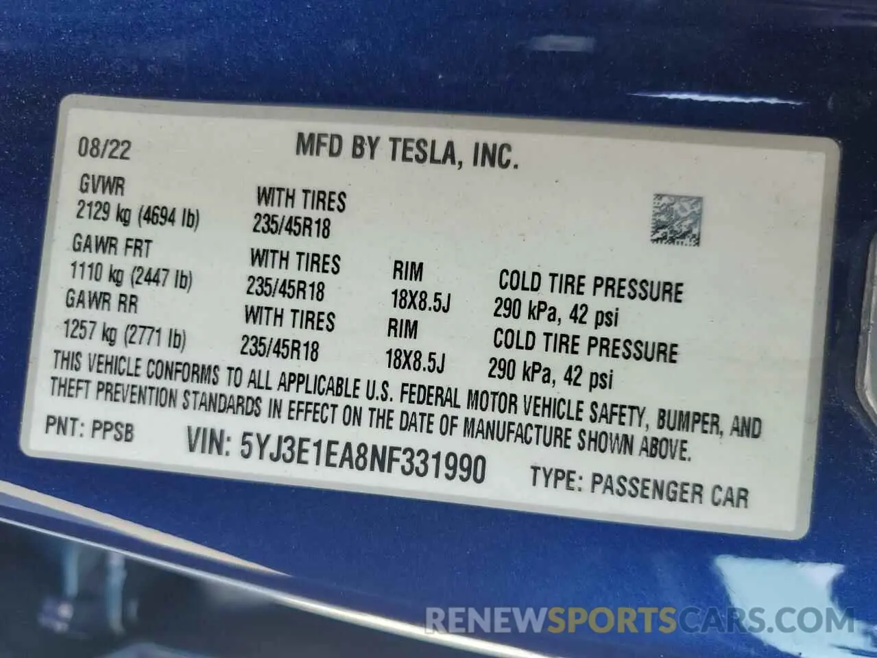 12 fotografías del automóvil dañado 5YJ3E1EA8NF331990 TESLA MODEL 3 2022