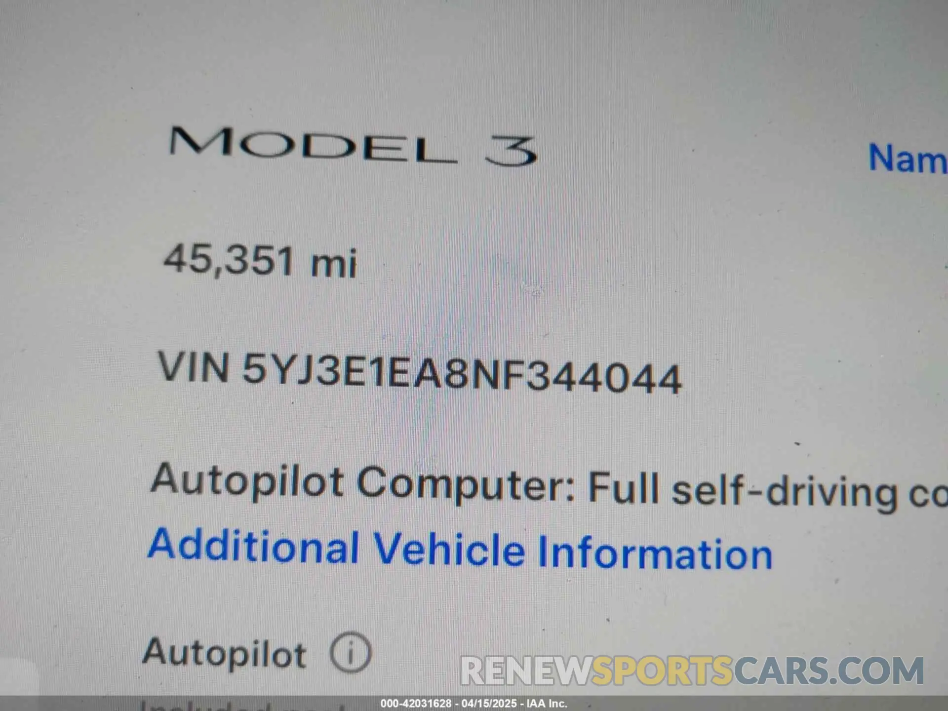 7 fotografías del automóvil dañado 5YJ3E1EA8NF344044 TESLA MODEL 3 2022