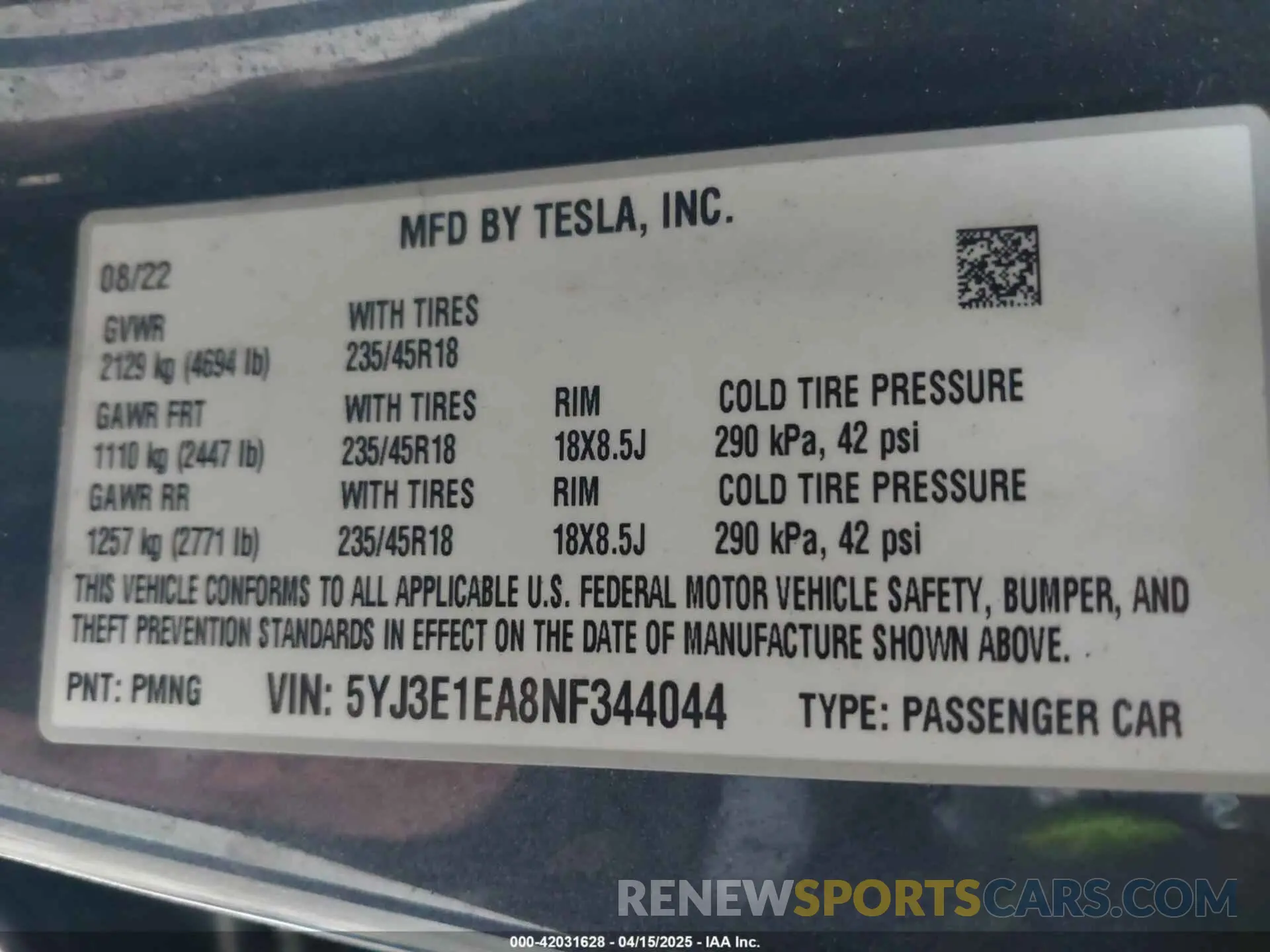 9 fotografías del automóvil dañado 5YJ3E1EA8NF344044 TESLA MODEL 3 2022