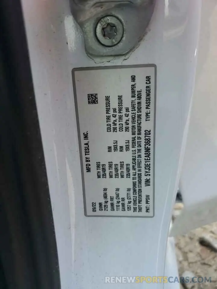 12 fotografías del automóvil dañado 5YJ3E1EA8NF368702 TESLA MODEL 3 2022