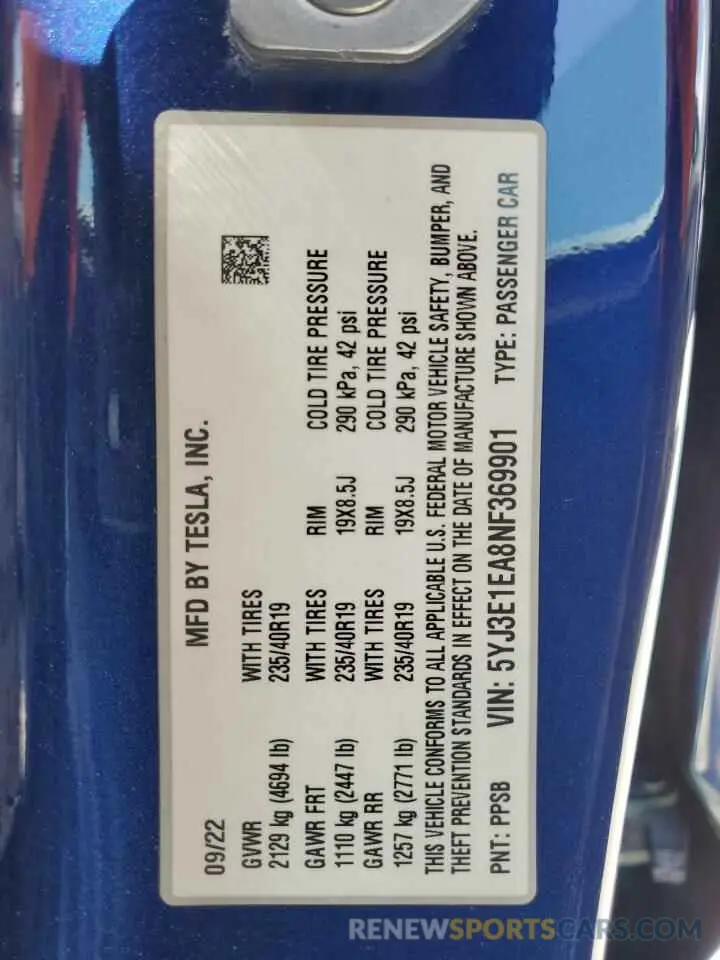 12 fotografías del automóvil dañado 5YJ3E1EA8NF369901 TESLA MODEL 3 2022