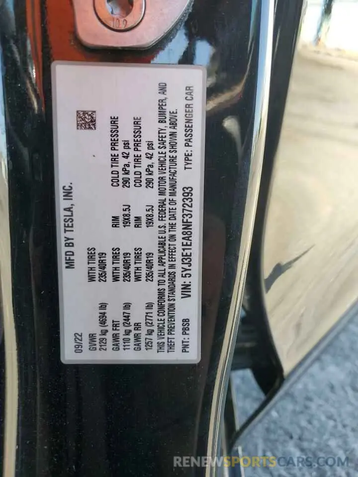 13 fotografías del automóvil dañado 5YJ3E1EA8NF372393 TESLA MODEL 3 2022