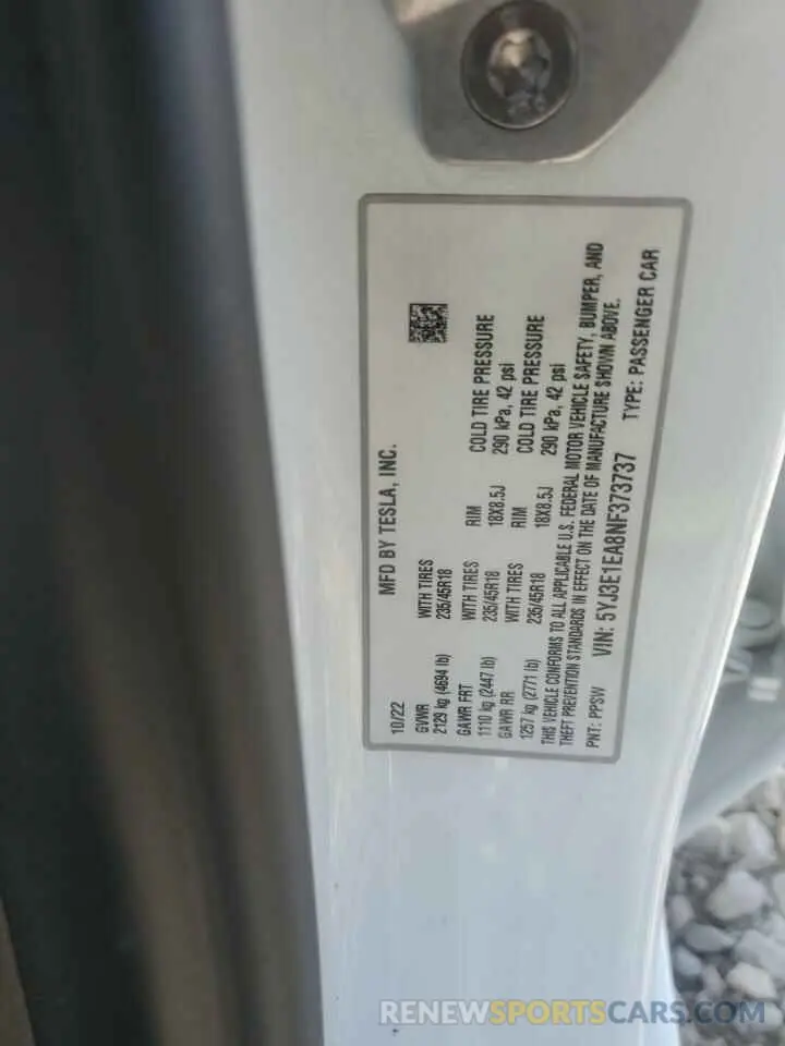 13 fotografías del automóvil dañado 5YJ3E1EA8NF373737 TESLA MODEL 3 2022