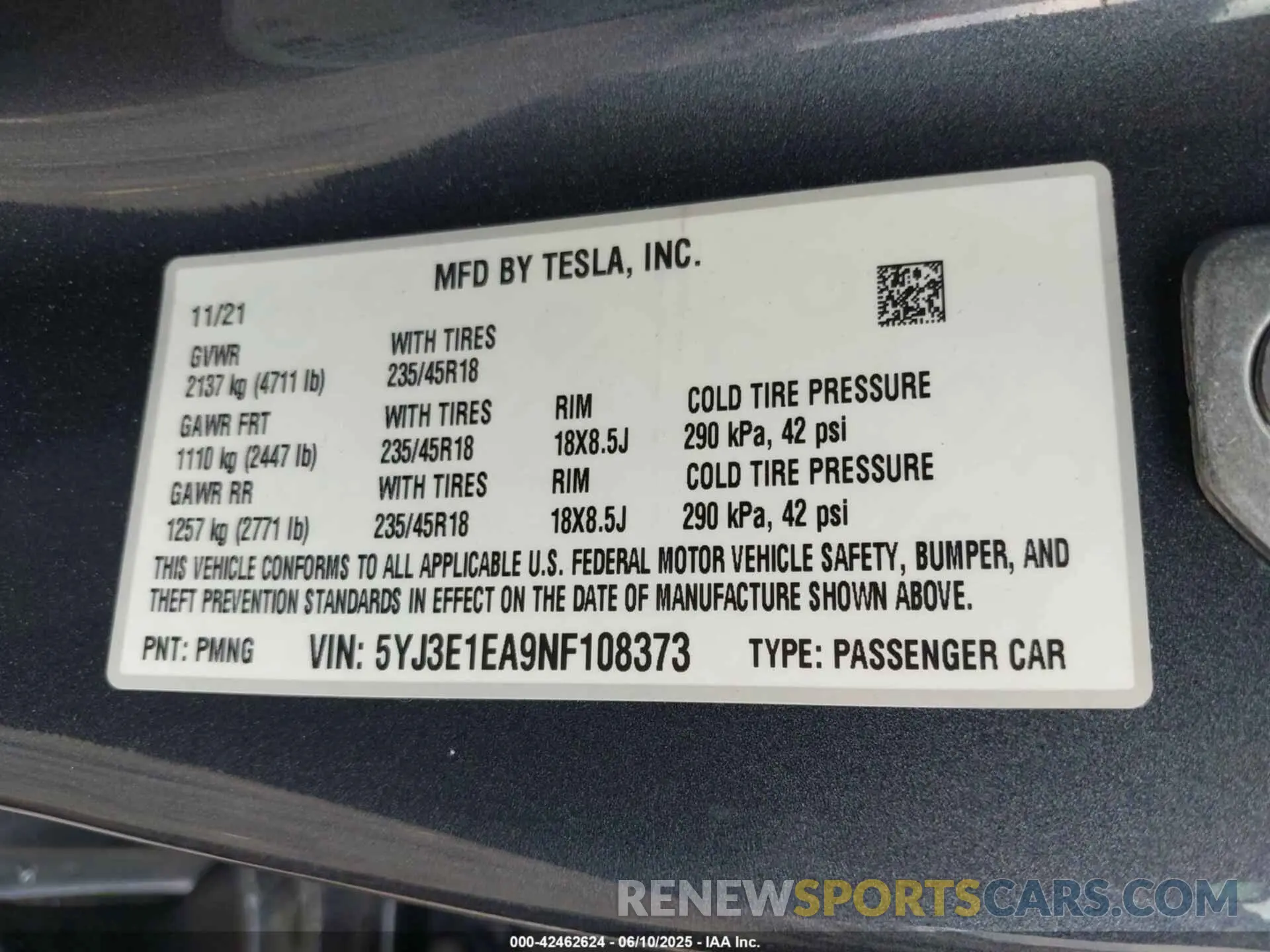 9 fotografías del automóvil dañado 5YJ3E1EA9NF108373 TESLA MODEL 3 2022
