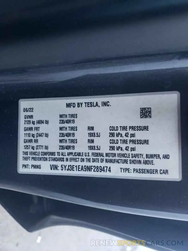 13 fotografías del automóvil dañado 5YJ3E1EA9NF289474 TESLA MODEL 3 2022