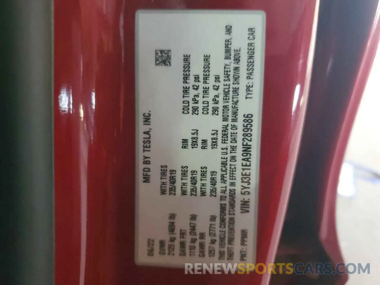 12 fotografías del automóvil dañado 5YJ3E1EA9NF289586 TESLA MODEL 3 2022