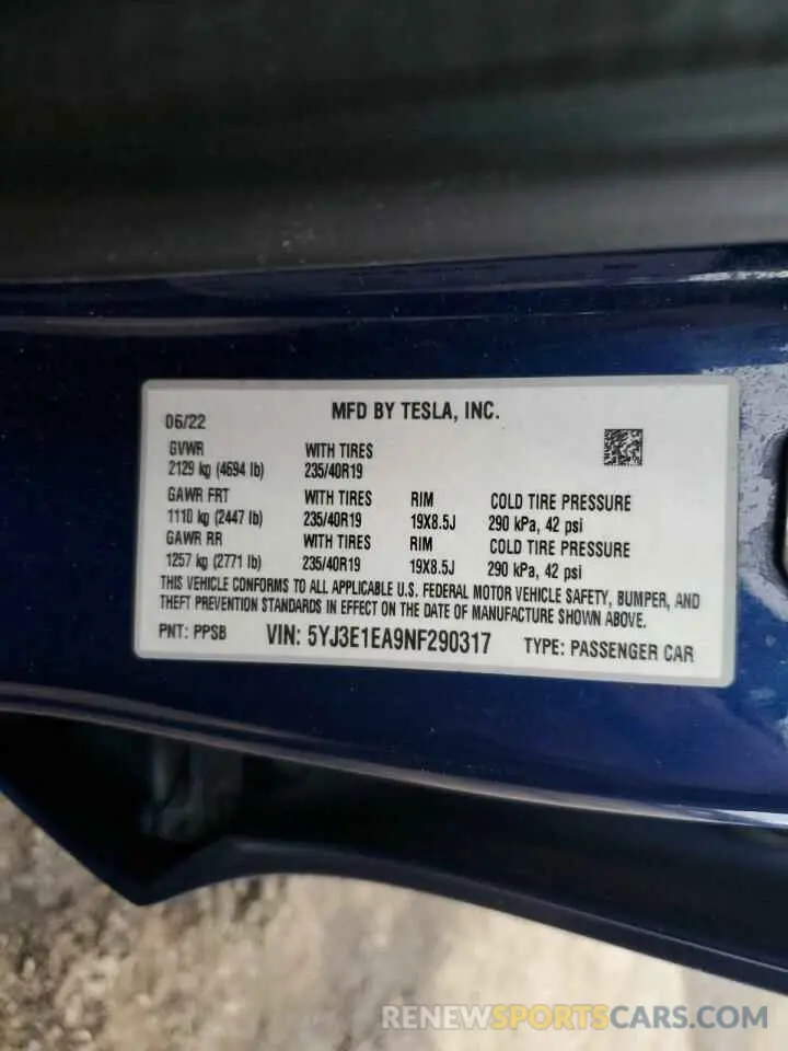 12 fotografías del automóvil dañado 5YJ3E1EA9NF290317 TESLA MODEL 3 2022