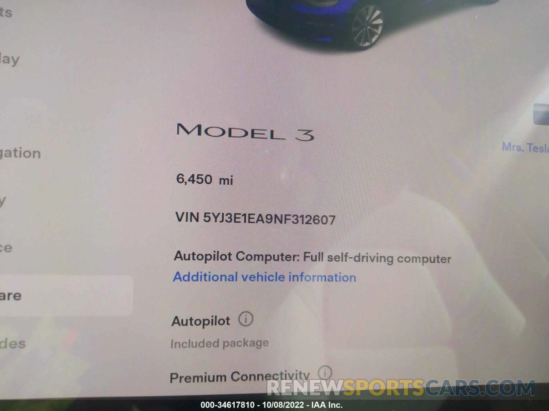7 fotografías del automóvil dañado 5YJ3E1EA9NF312607 TESLA MODEL 3 2022