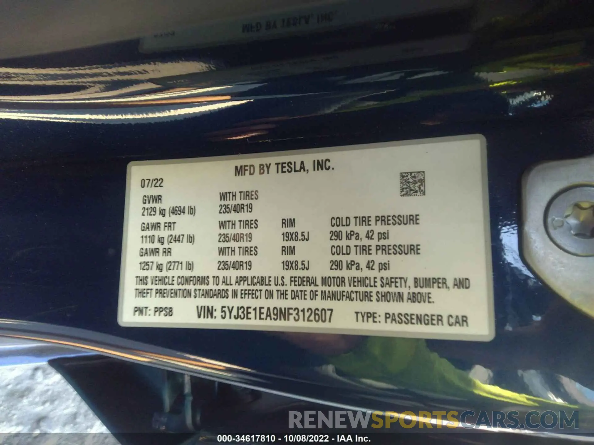 9 fotografías del automóvil dañado 5YJ3E1EA9NF312607 TESLA MODEL 3 2022