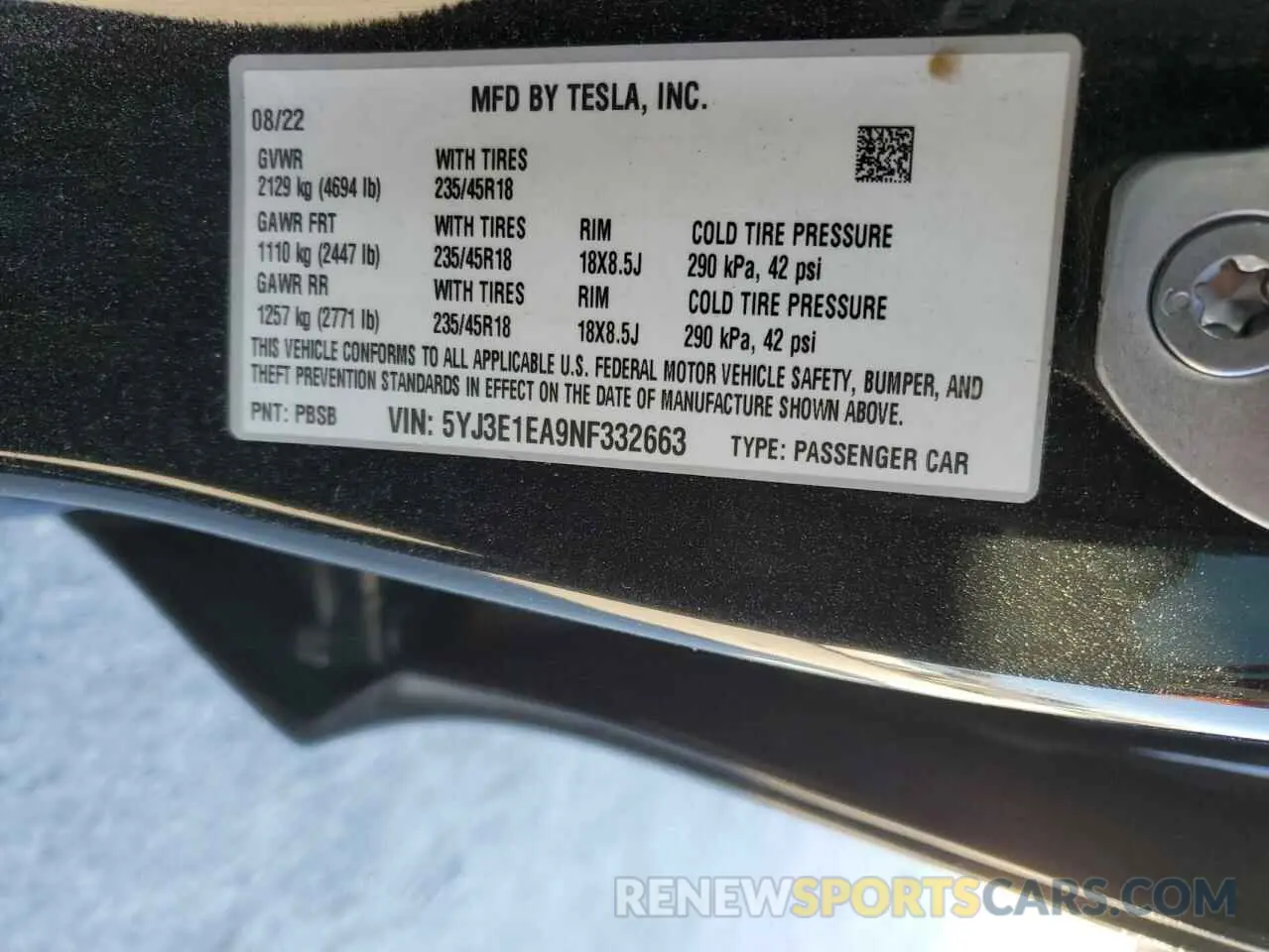 12 fotografías del automóvil dañado 5YJ3E1EA9NF332663 TESLA MODEL 3 2022