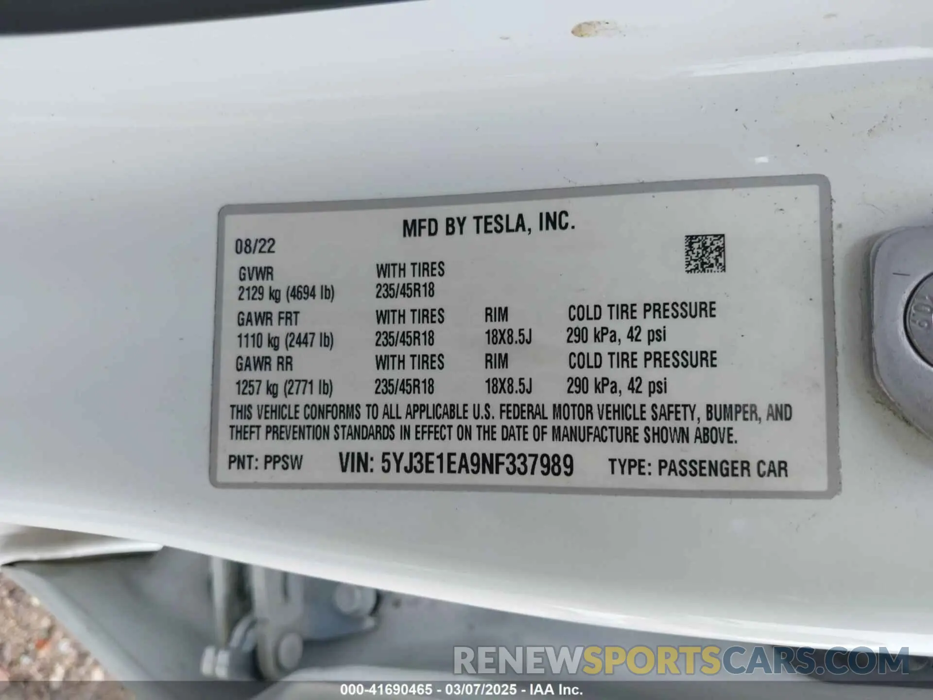 9 fotografías del automóvil dañado 5YJ3E1EA9NF337989 TESLA MODEL 3 2022