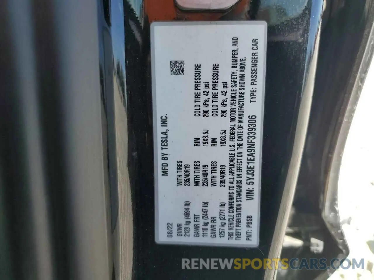 14 fotografías del automóvil dañado 5YJ3E1EA9NF339306 TESLA MODEL 3 2022
