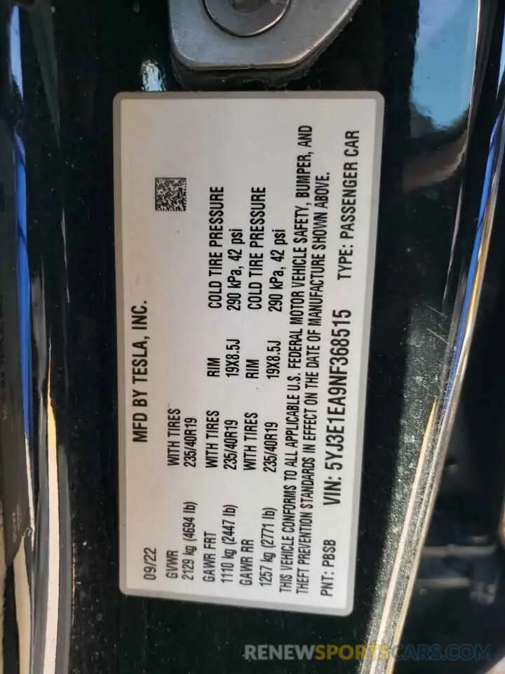 12 fotografías del automóvil dañado 5YJ3E1EA9NF368515 TESLA MODEL 3 2022