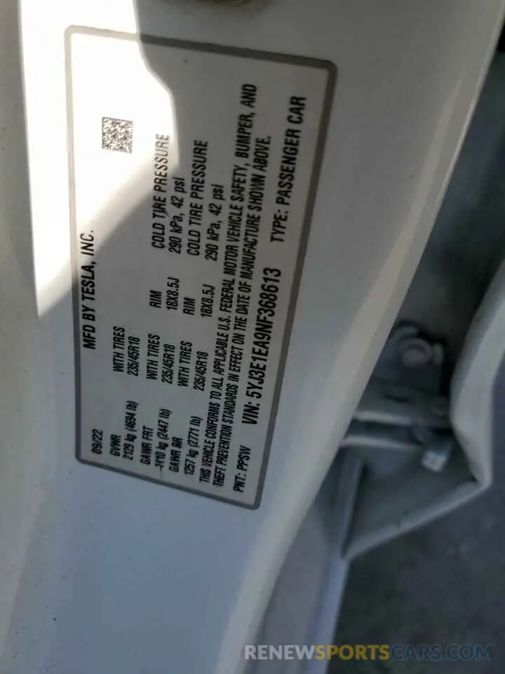 12 fotografías del automóvil dañado 5YJ3E1EA9NF368613 TESLA MODEL 3 2022