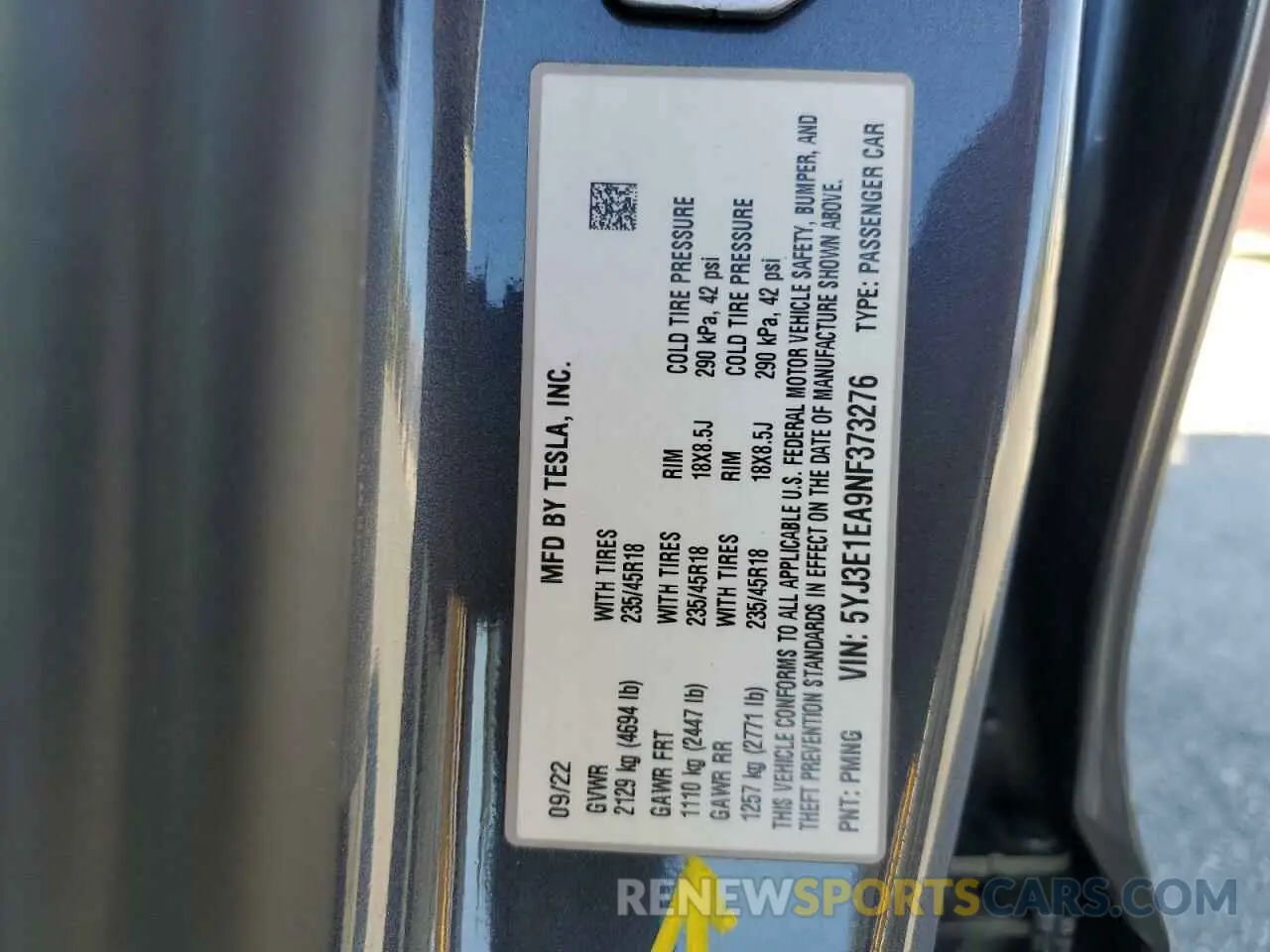 15 fotografías del automóvil dañado 5YJ3E1EA9NF373276 TESLA MODEL 3 2022