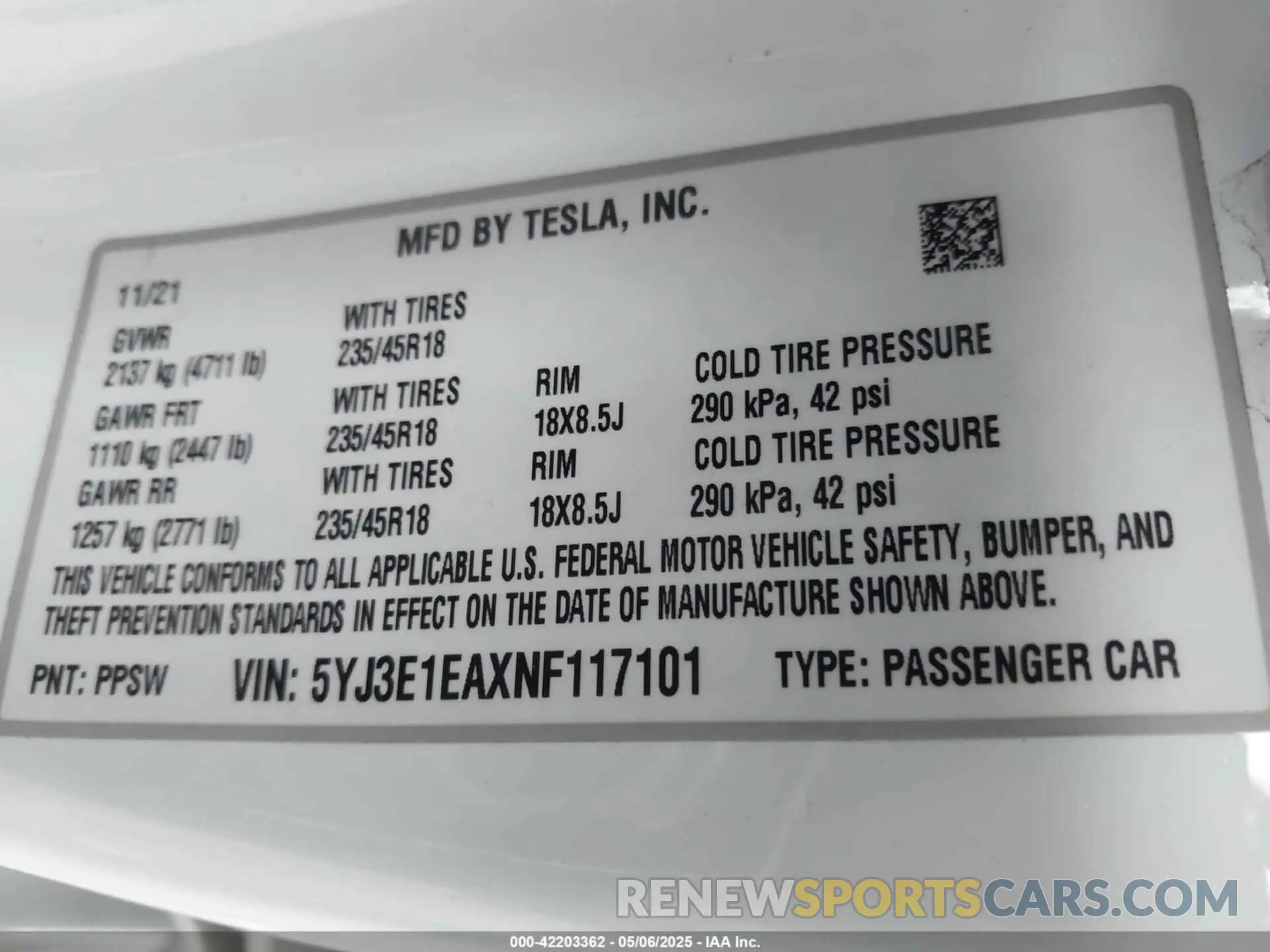 9 fotografías del automóvil dañado 5YJ3E1EAXNF117101 TESLA MODEL 3 2022