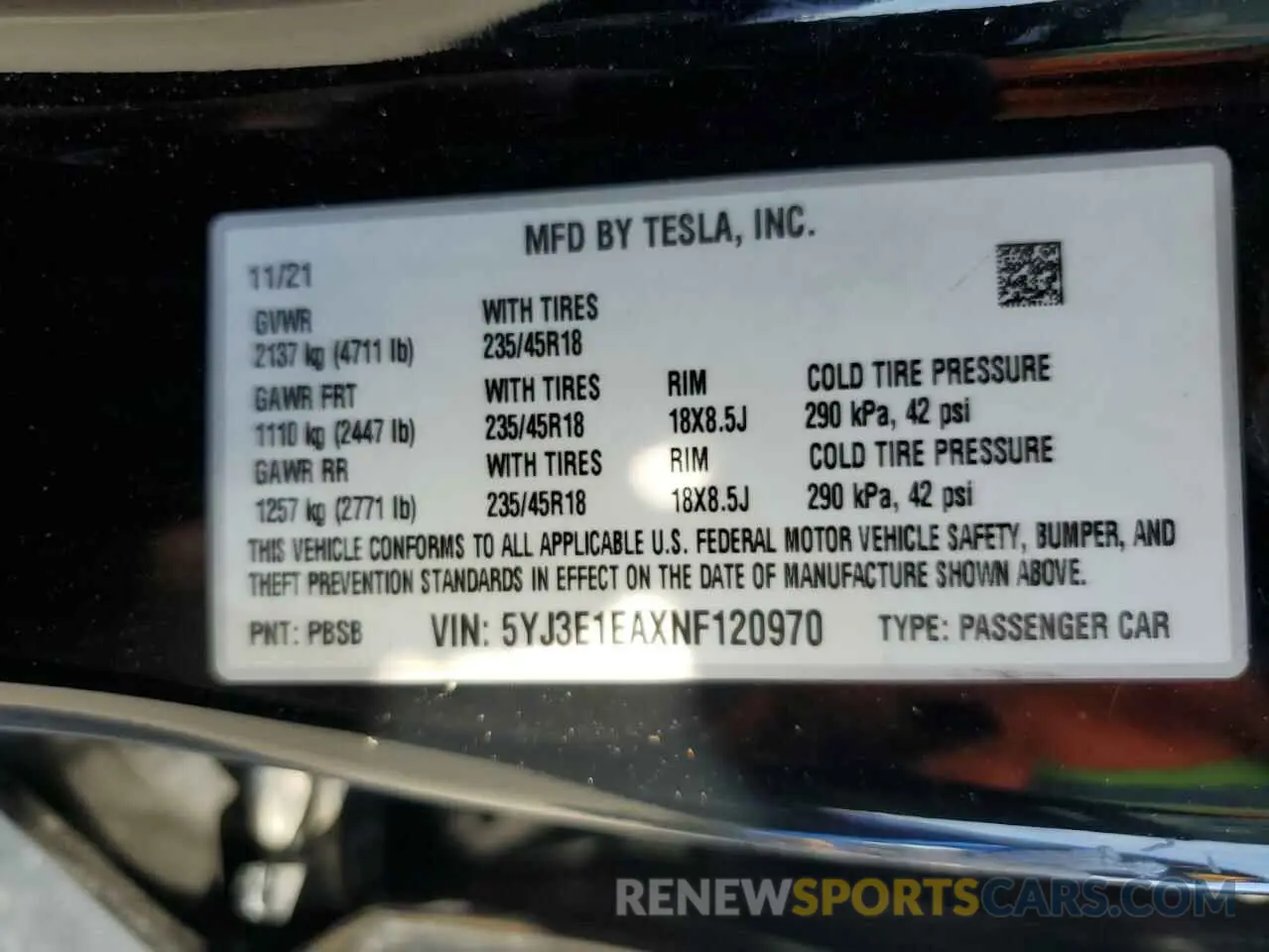 14 fotografías del automóvil dañado 5YJ3E1EAXNF120970 TESLA MODEL 3 2022
