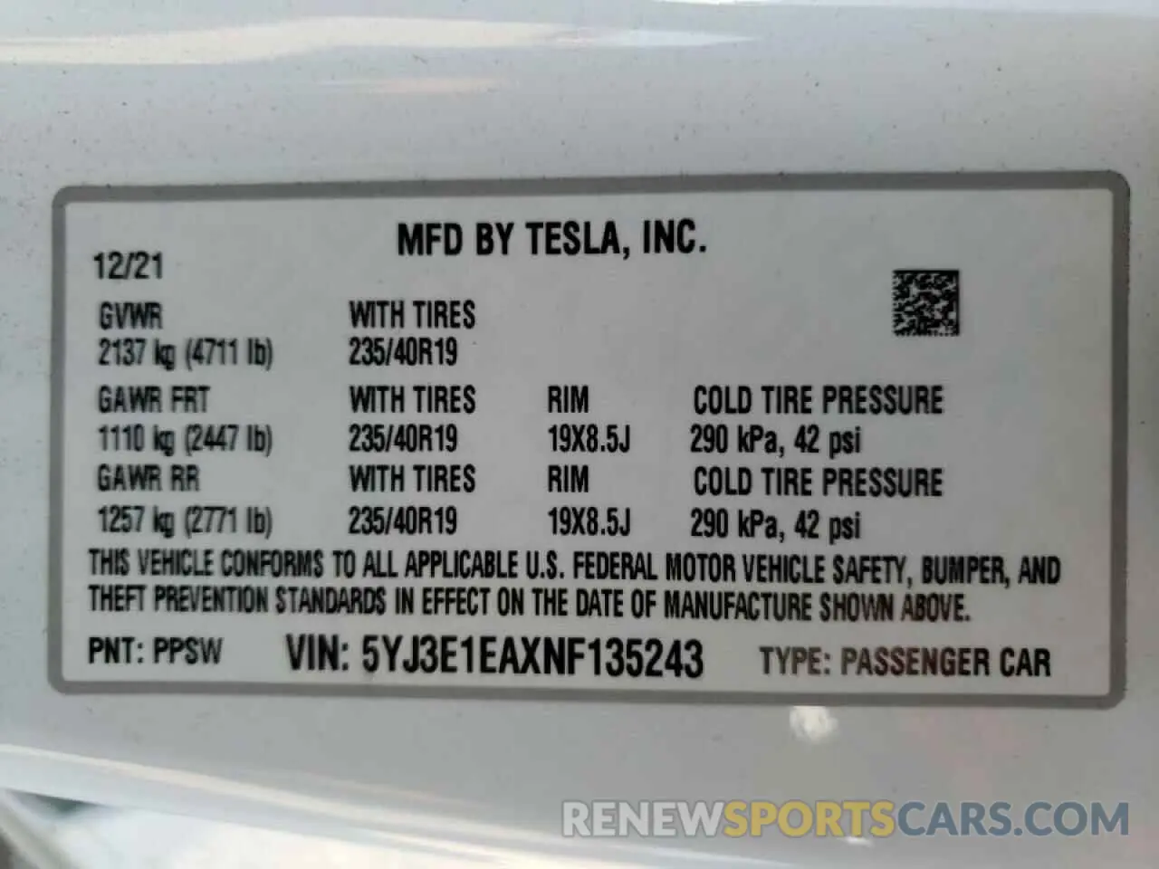 10 fotografías del automóvil dañado 5YJ3E1EAXNF135243 TESLA MODEL 3 2022