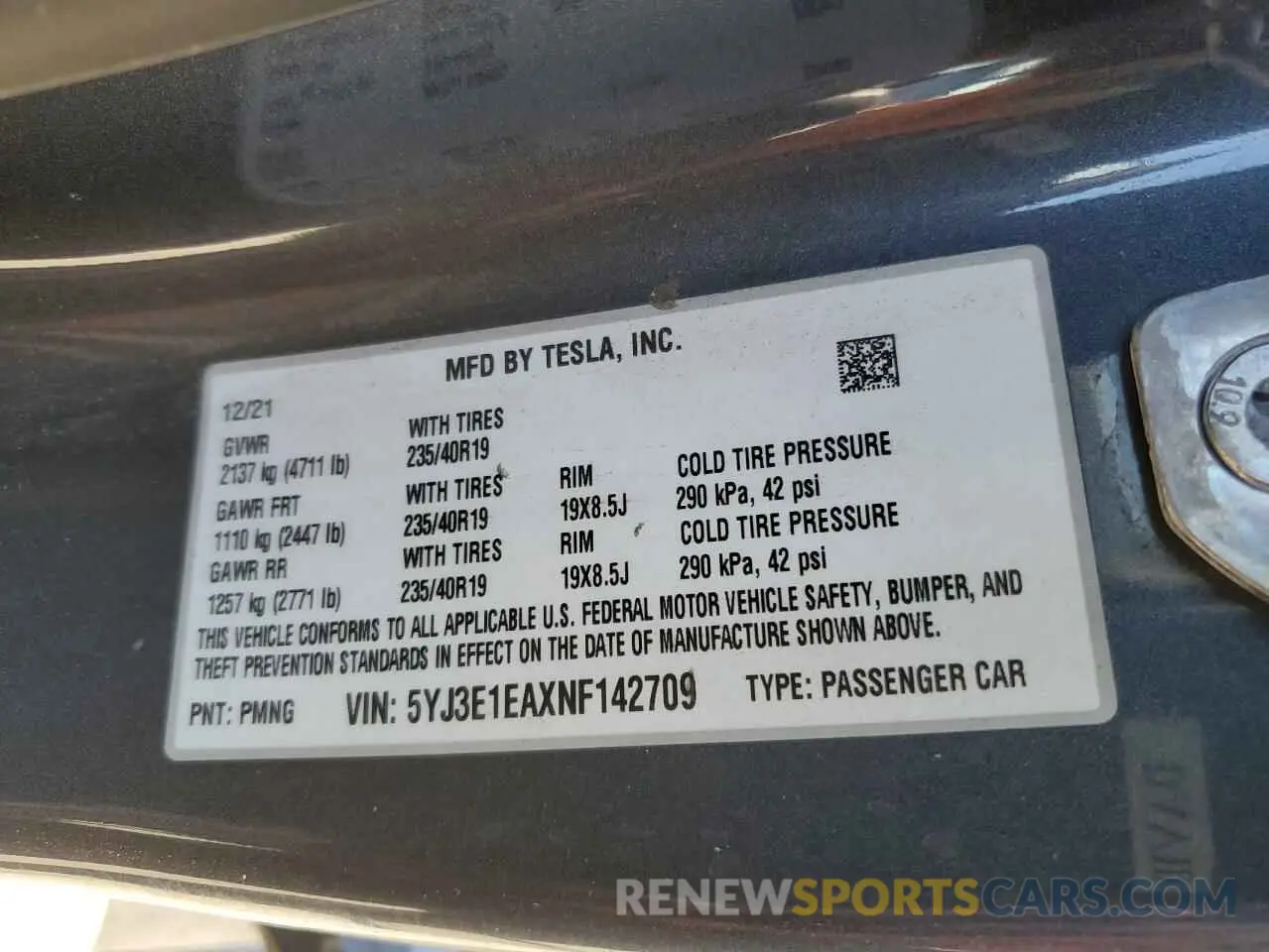 14 fotografías del automóvil dañado 5YJ3E1EAXNF142709 TESLA MODEL 3 2022