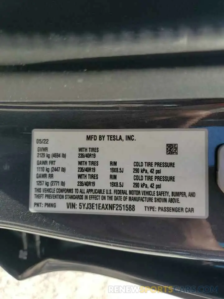 12 fotografías del automóvil dañado 5YJ3E1EAXNF251588 TESLA MODEL 3 2022