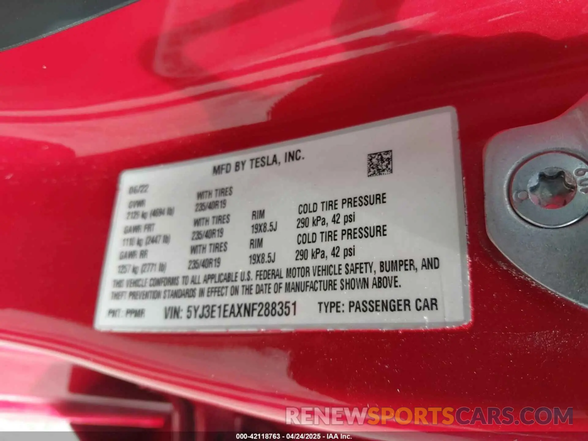 9 fotografías del automóvil dañado 5YJ3E1EAXNF288351 TESLA MODEL 3 2022