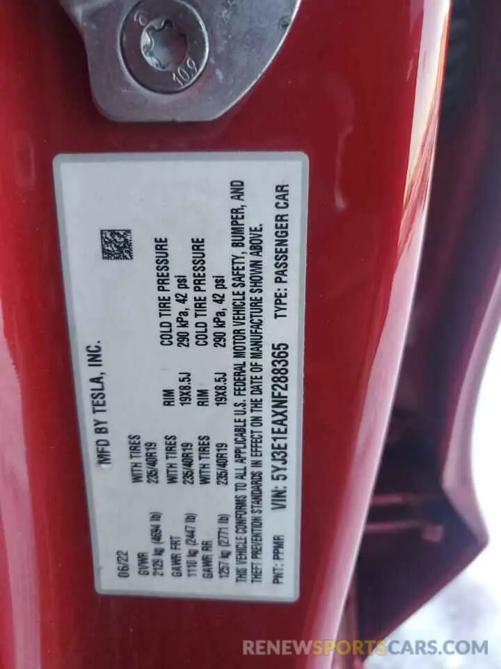12 fotografías del automóvil dañado 5YJ3E1EAXNF288365 TESLA MODEL 3 2022
